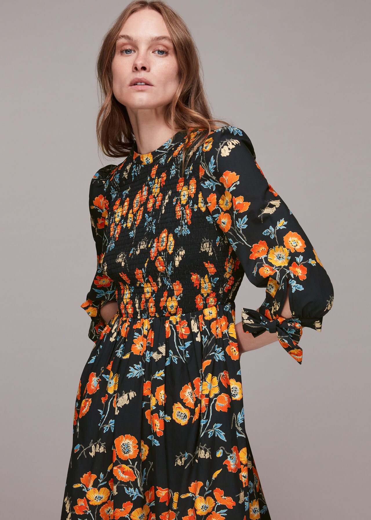Black/Multi Shirred Floral Midi Dress | WHISTLES | Whistles