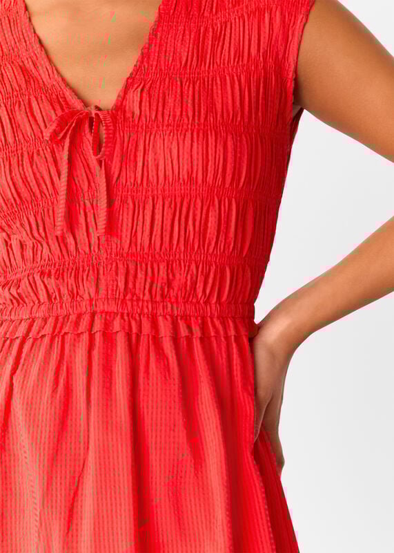Red Petite Shirred Bodice V Neck Dress