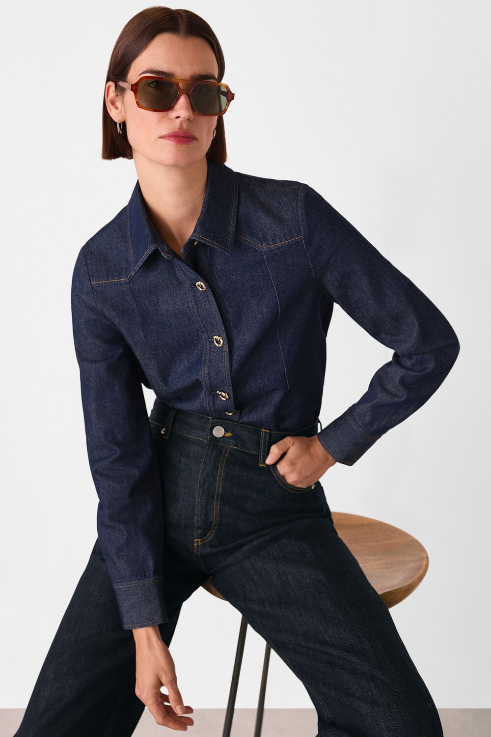 Dark Denim Button Detail Cotton Shirt