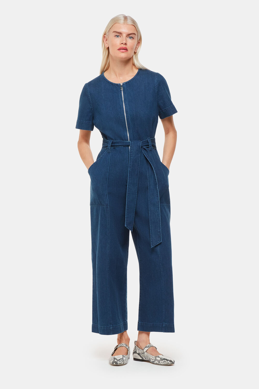 Petite Short Sleeve Denim Jumpsuit