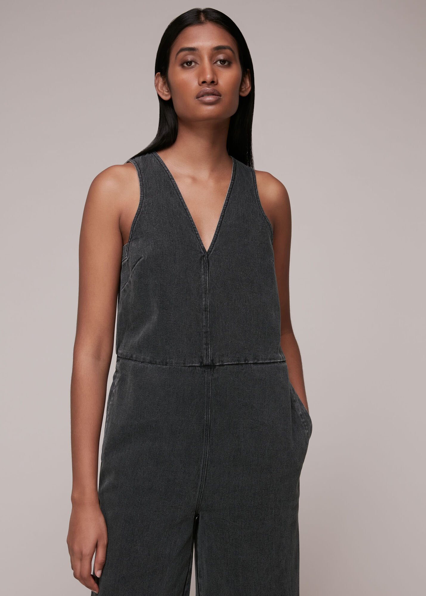 Black V Neck Denim Jumpsuit WHISTLES
