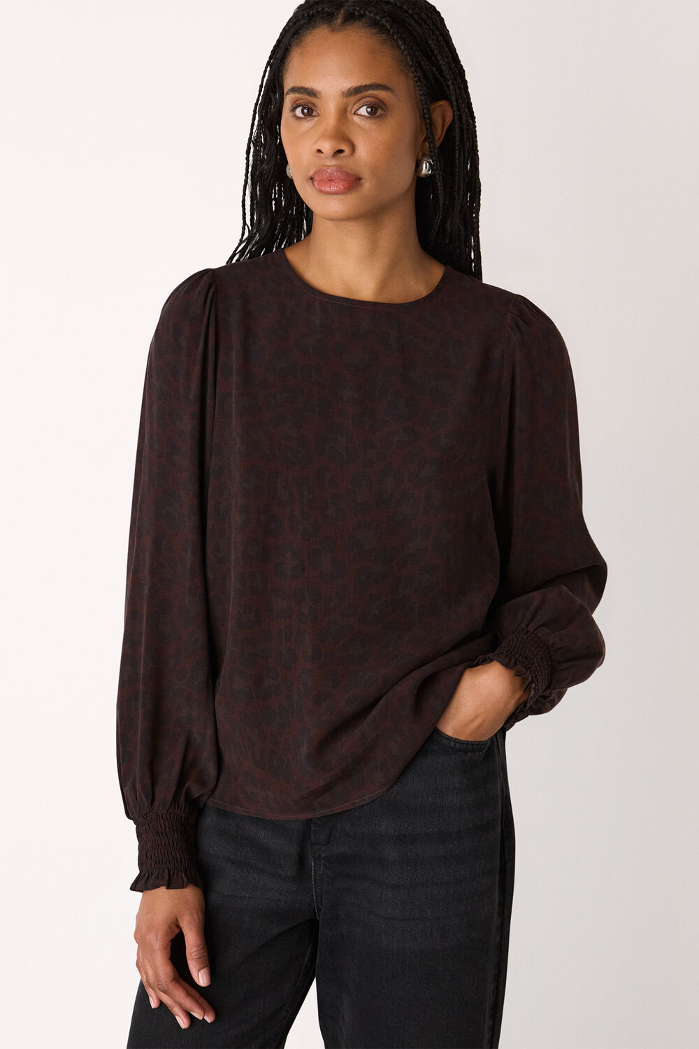 Leopard Shirred Cuff Blouse