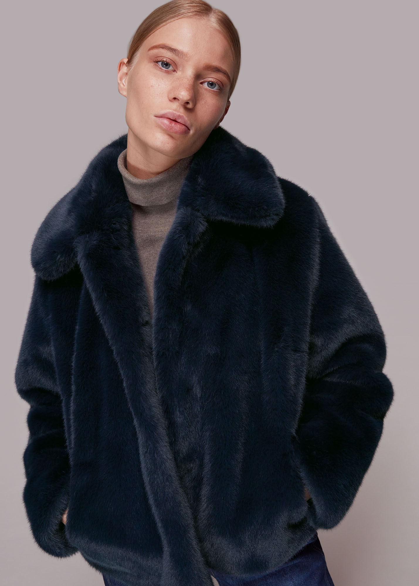 Navy Drew Faux Fur Coat | WHISTLES |