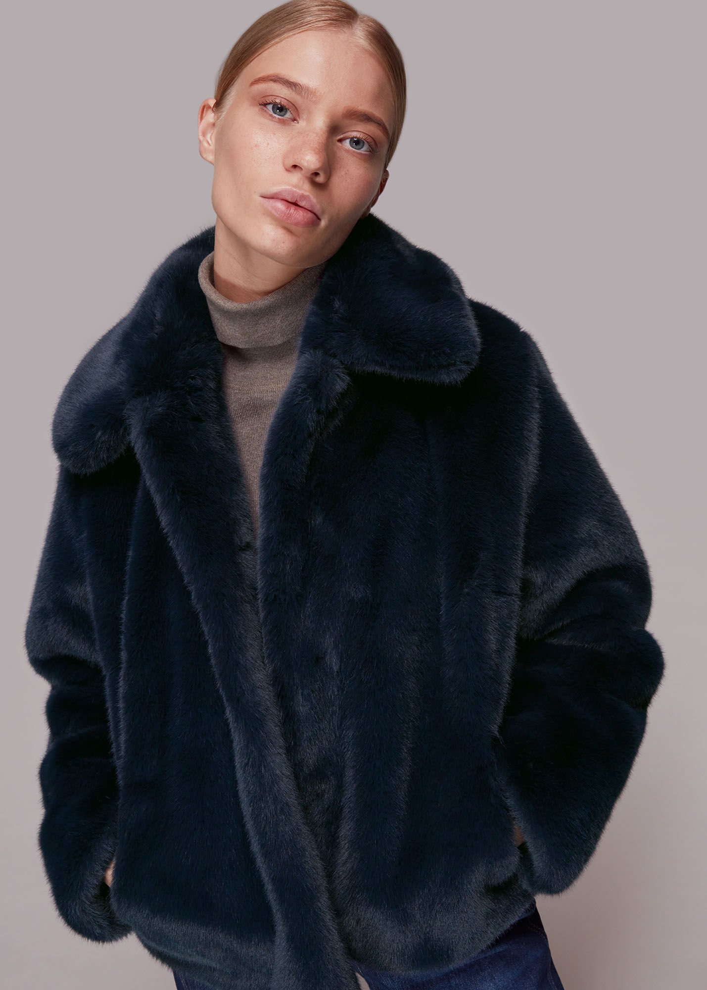 Navy Drew Faux Fur Coat | WHISTLES