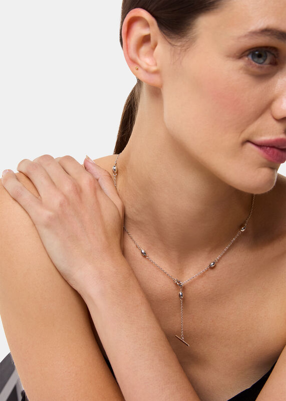 Silver Oval Beaded T Bar Necklace