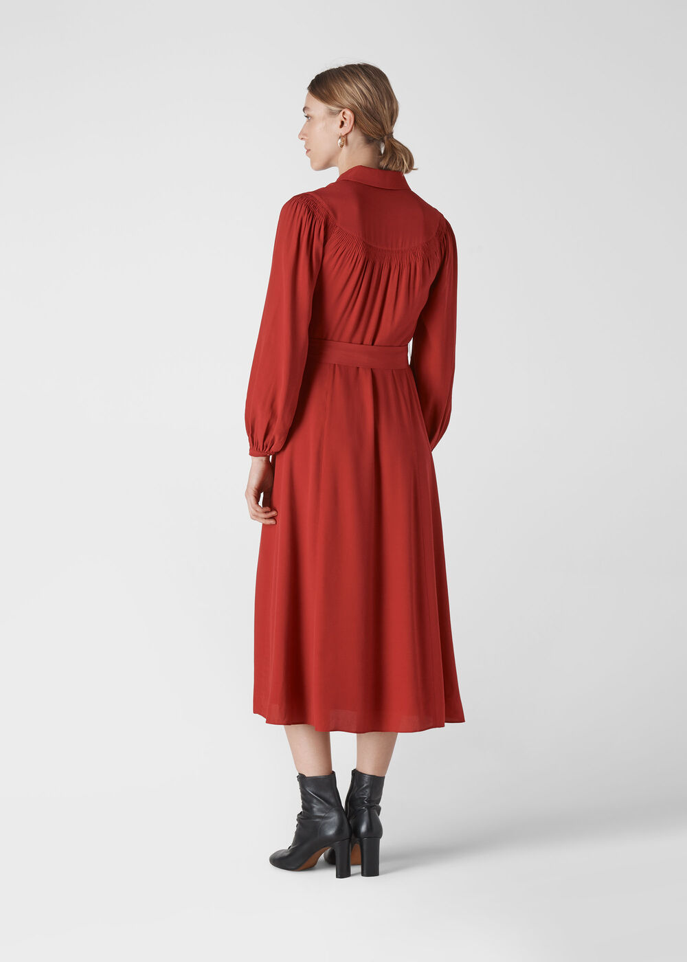 Smocked Yoke Shirt Dress Red