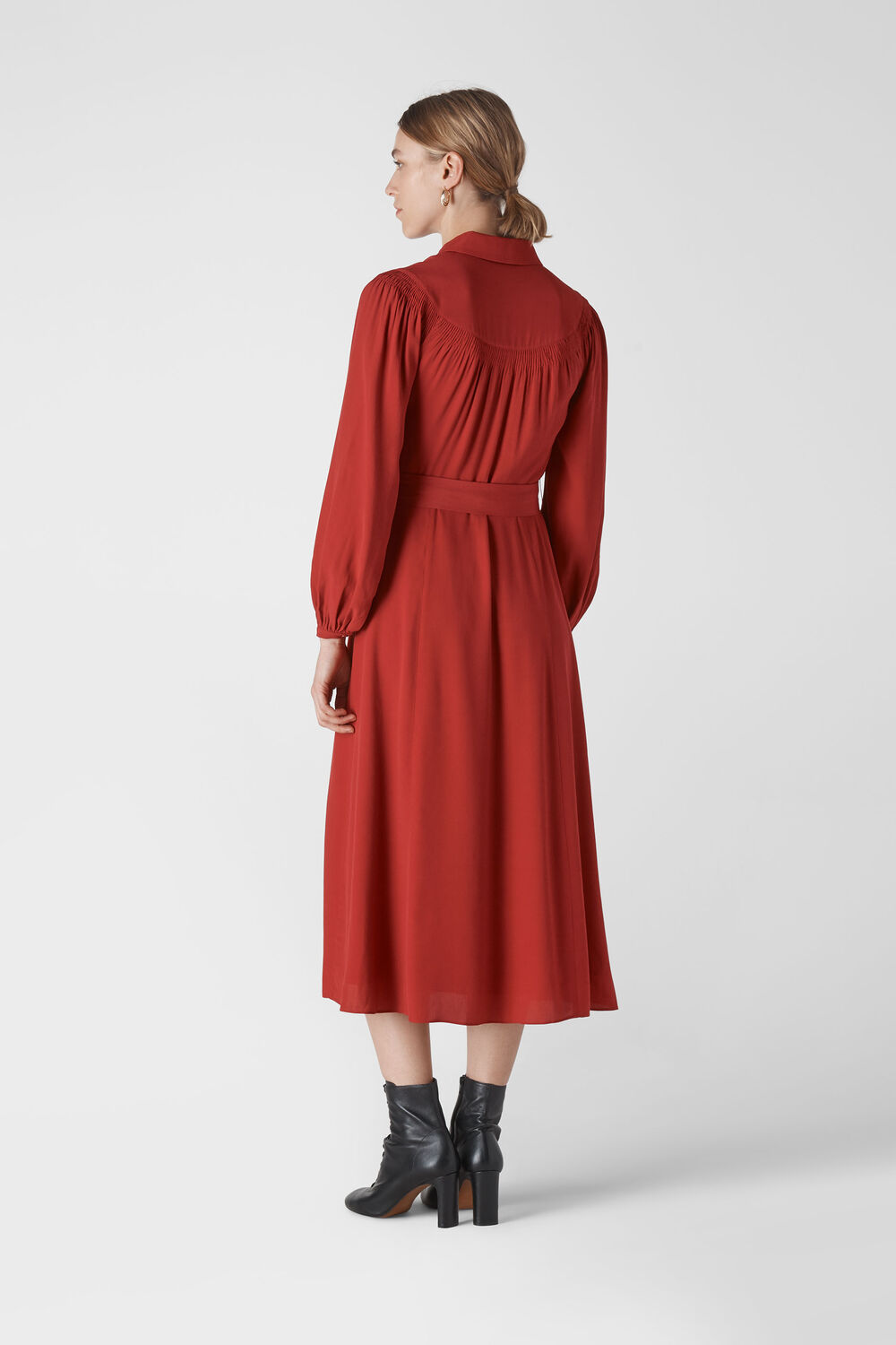 Smocked Yoke Shirt Dress Red