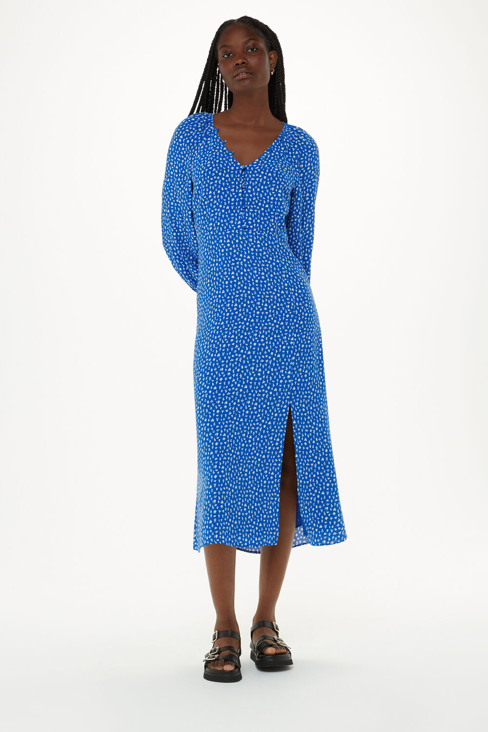 Blue Micro Cactus Print Midi Dress