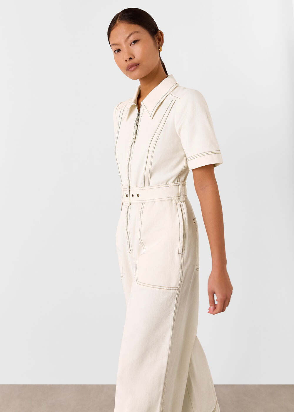 Petite Denim Pintuck Belted Jumpsuit