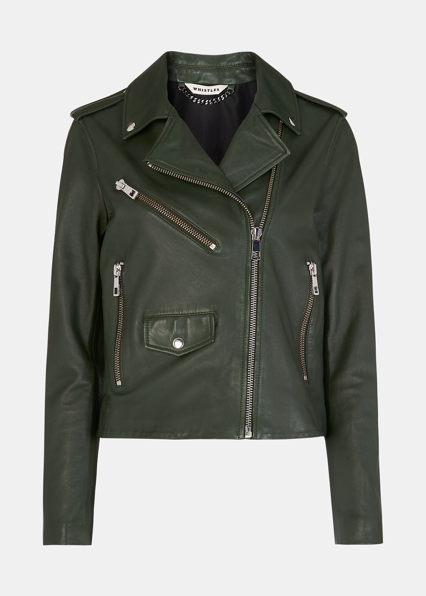 Dark Green Agnes Pocket Leather Jacket WHISTLES Whistles