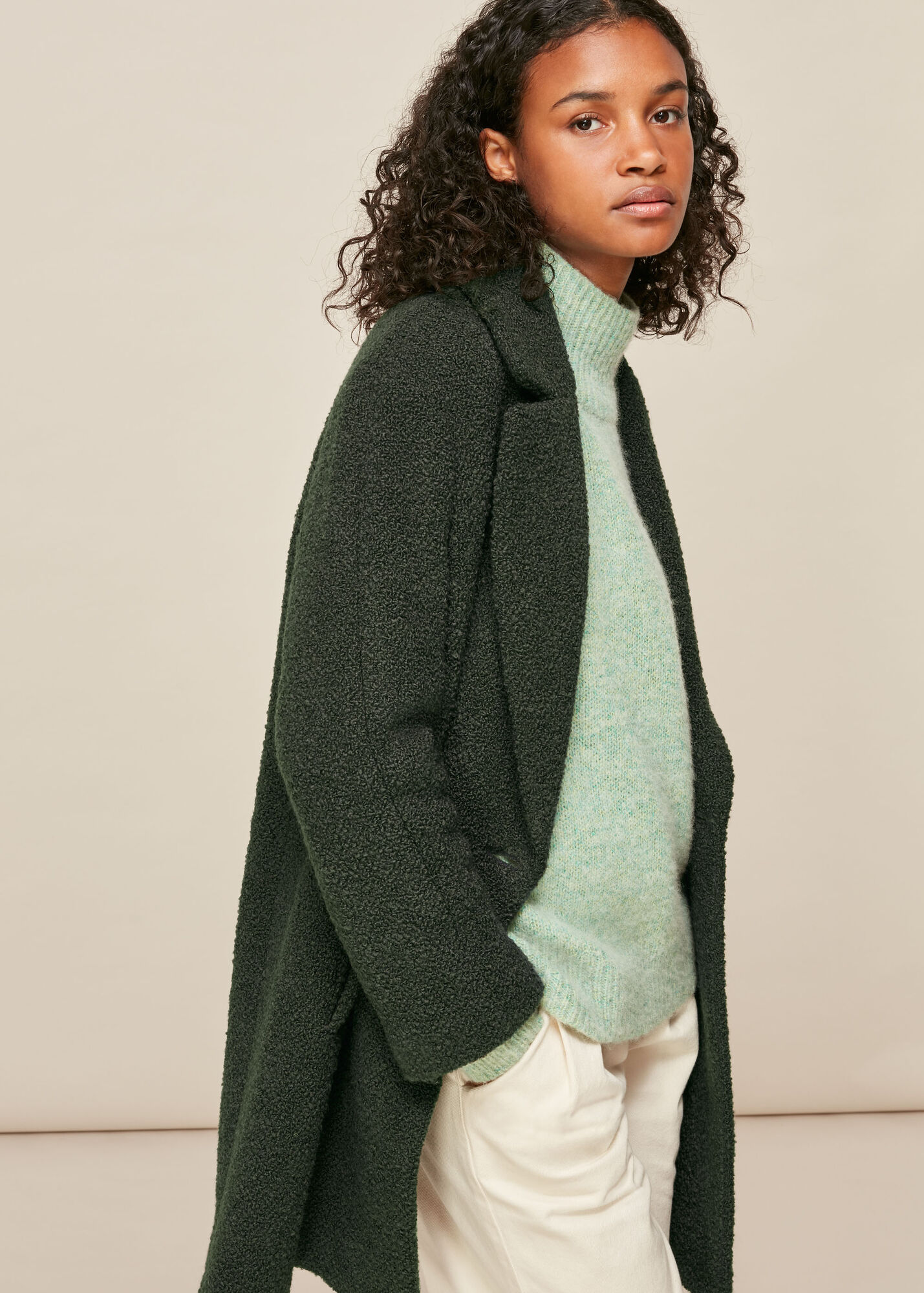 Dark Green Boucle Double Breasted Coat | WHISTLES