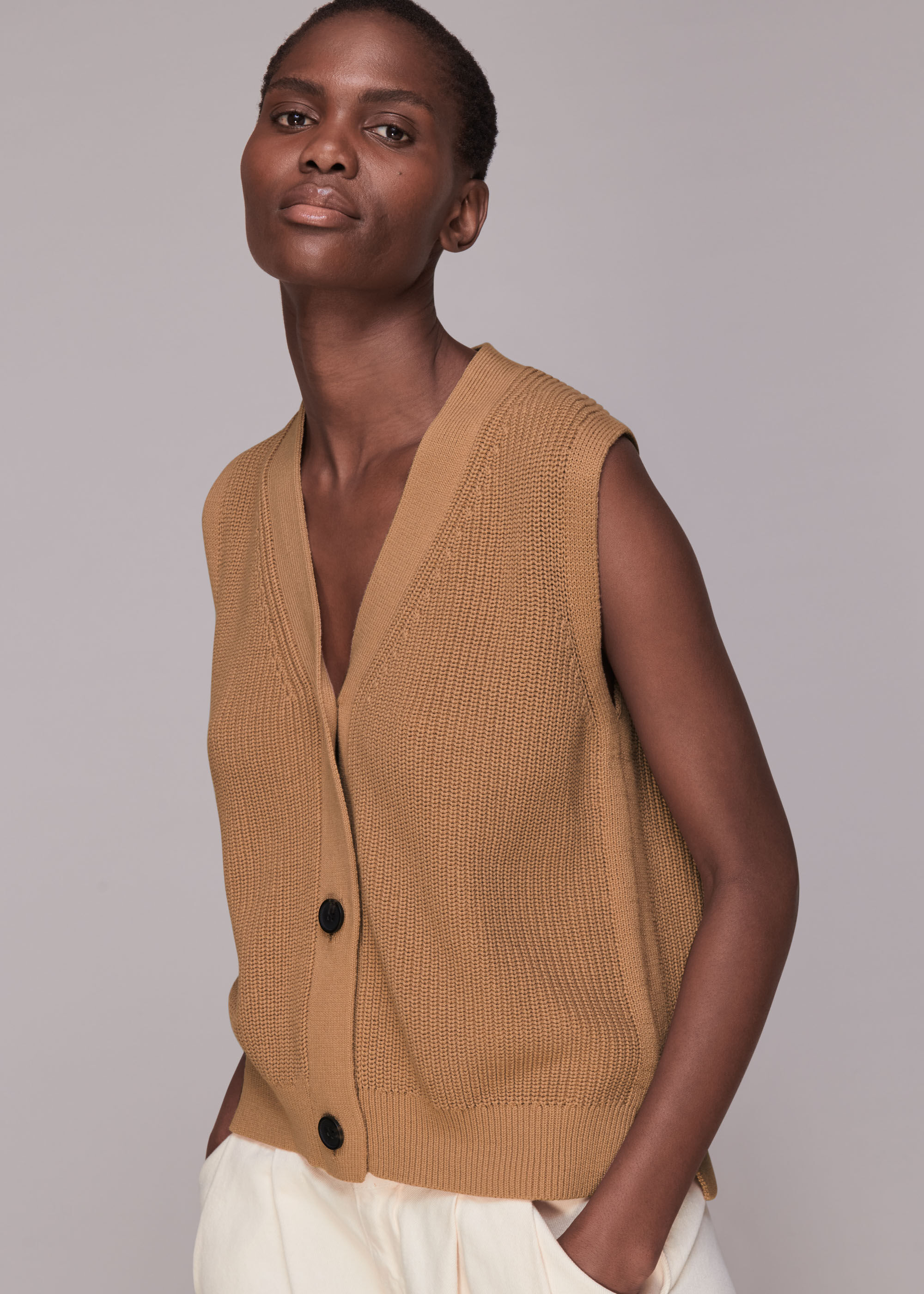 Camel Knitted Button Up Waistcoat WHISTLES