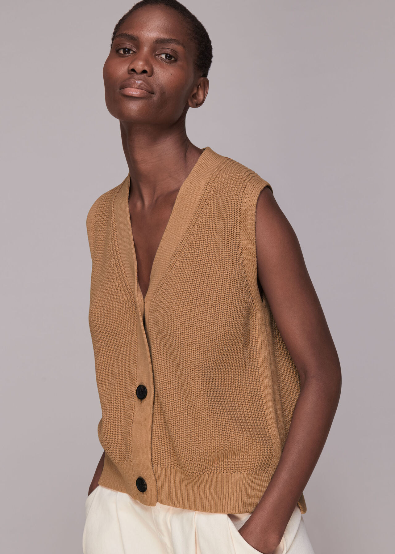 Camel Knitted Button Up Waistcoat | WHISTLES | Whistles UK