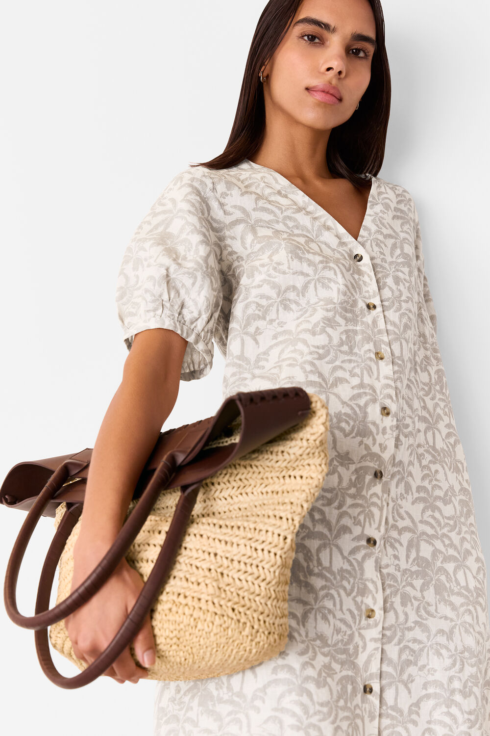 Ivory Palm Print Linen Blend Dress