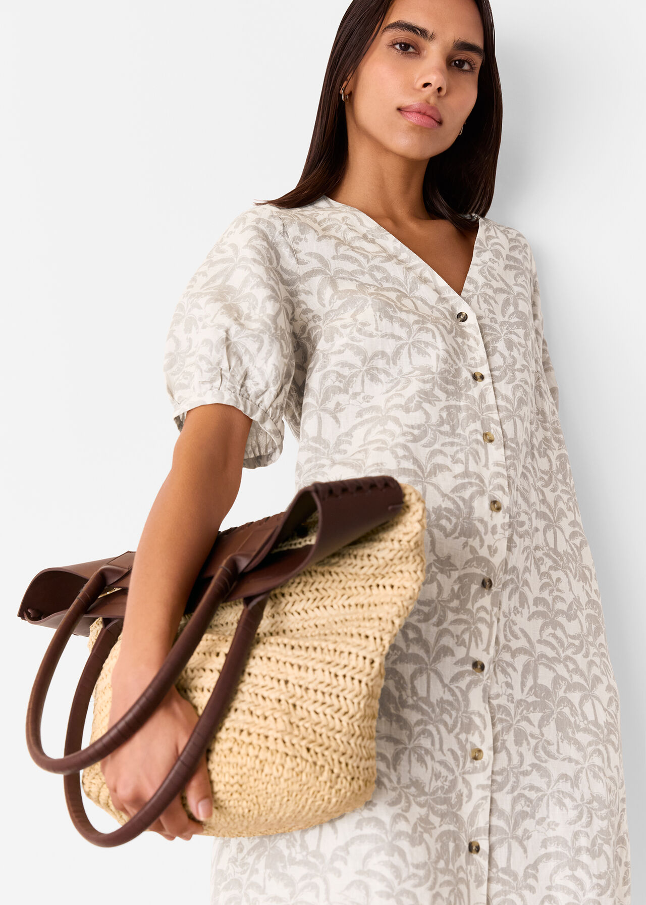 Palm Print Linen Blend Dress
