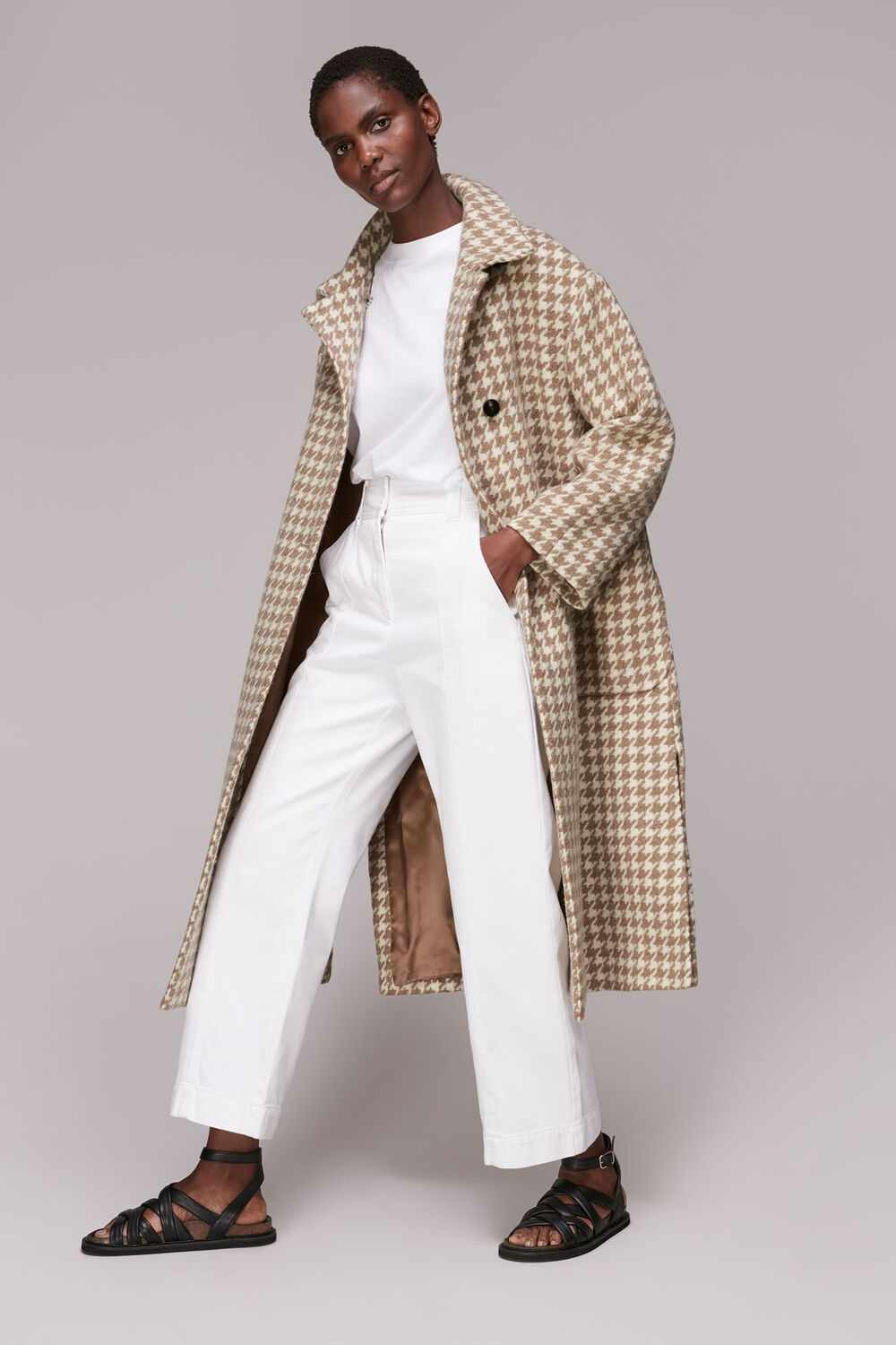 Dogstooth Funnel Neck Coat