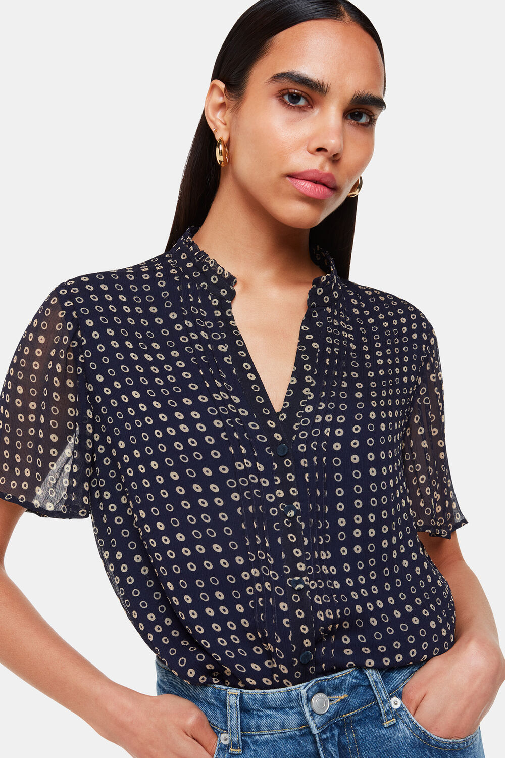 Navy Spotted Hoop Frill Blouse