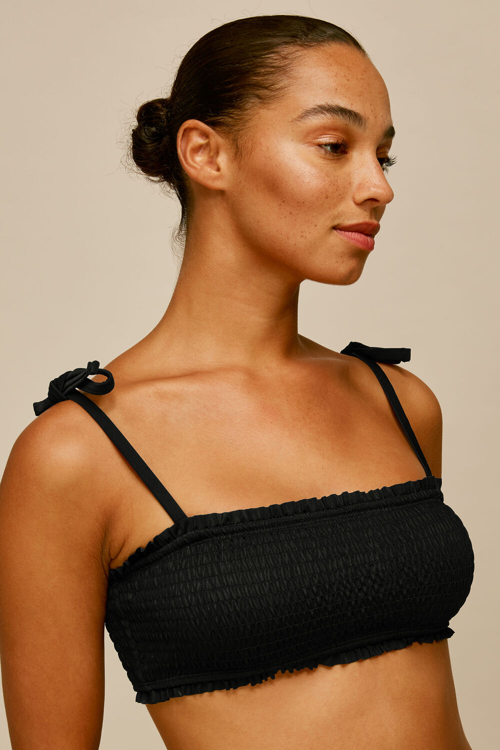 Shirred Tie Strap Bikini Top Black