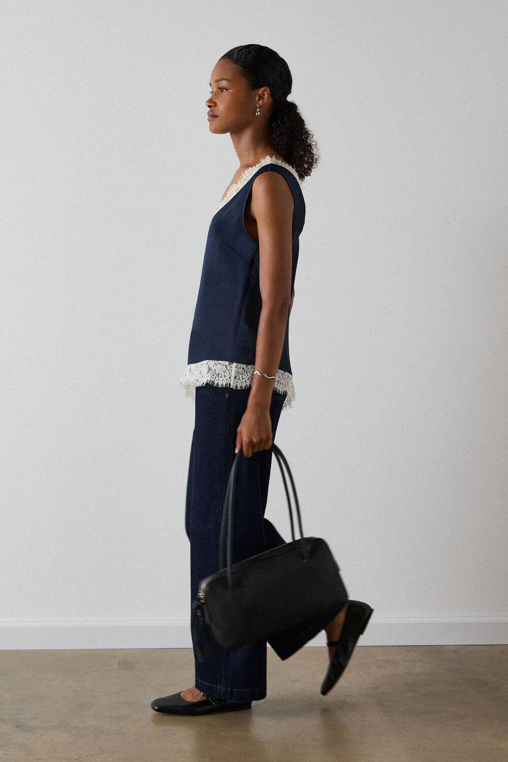 Navy Lace Trim Satin Cami Top