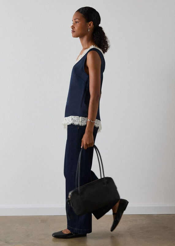 Navy Lace Trim Satin Cami Top