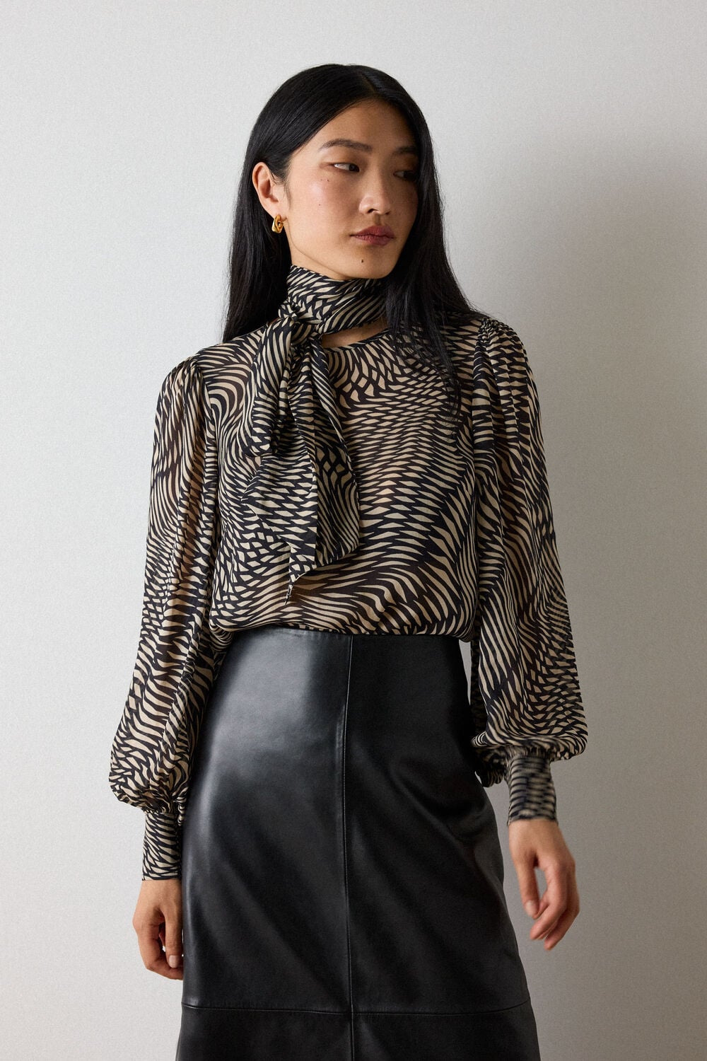 Black Geo Sheer Viscose Cuffed Top