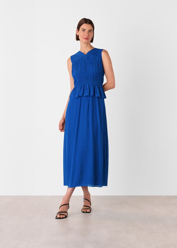 Cobalt Blue Shirred V Neck Midi Dress