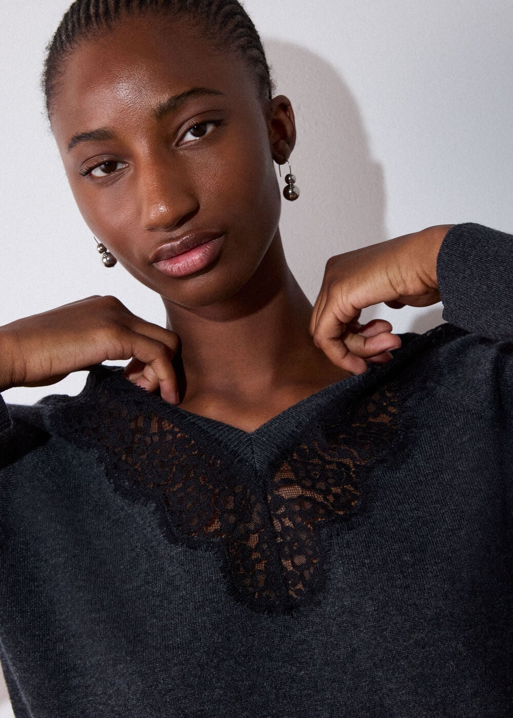 Dark Grey Wool Mix Lace Trim Knit