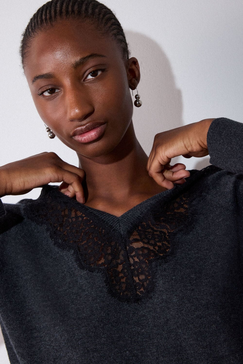 Dark Grey Wool Mix Lace Trim Knit
