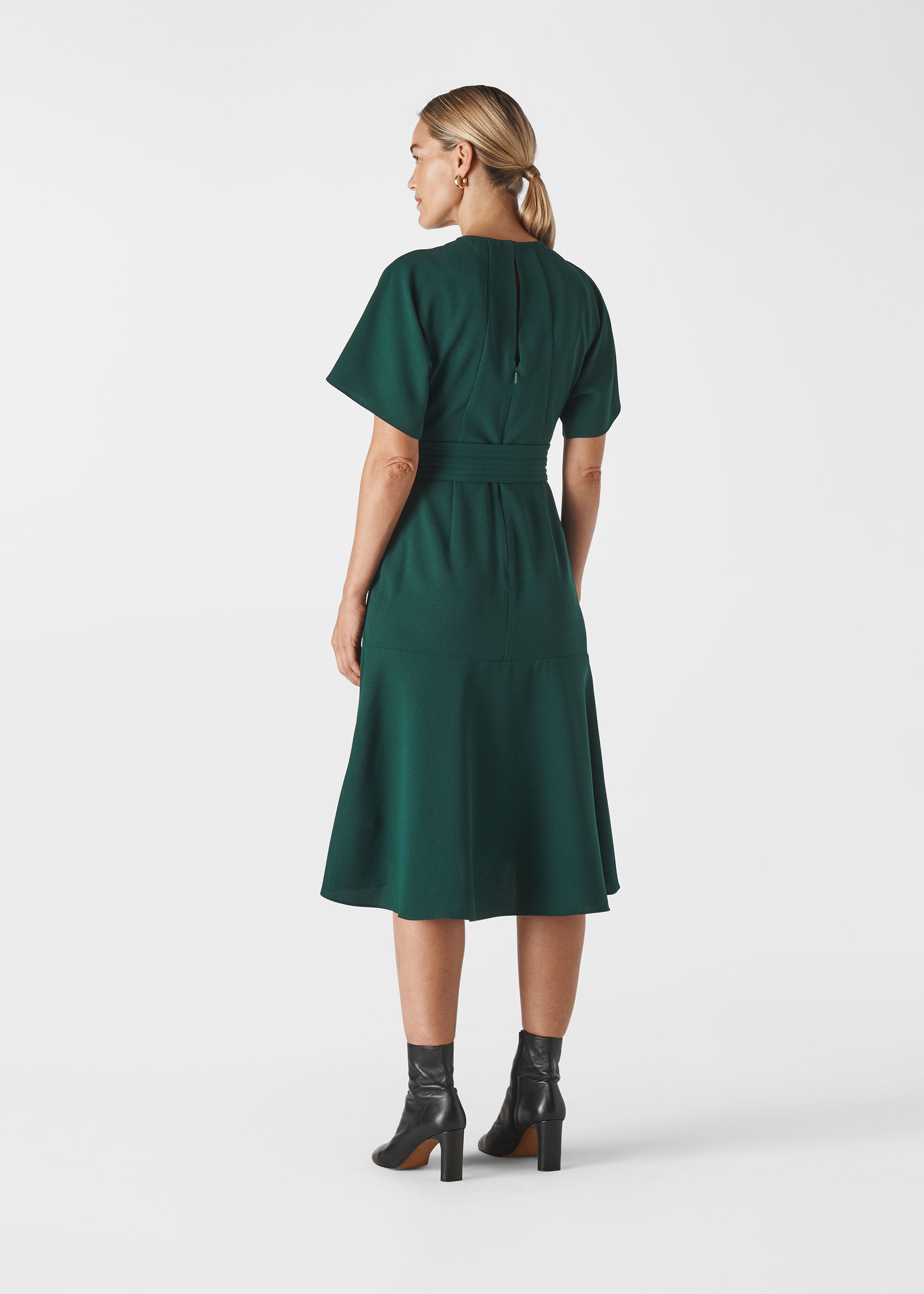 Green Textured Belted Midi Dress