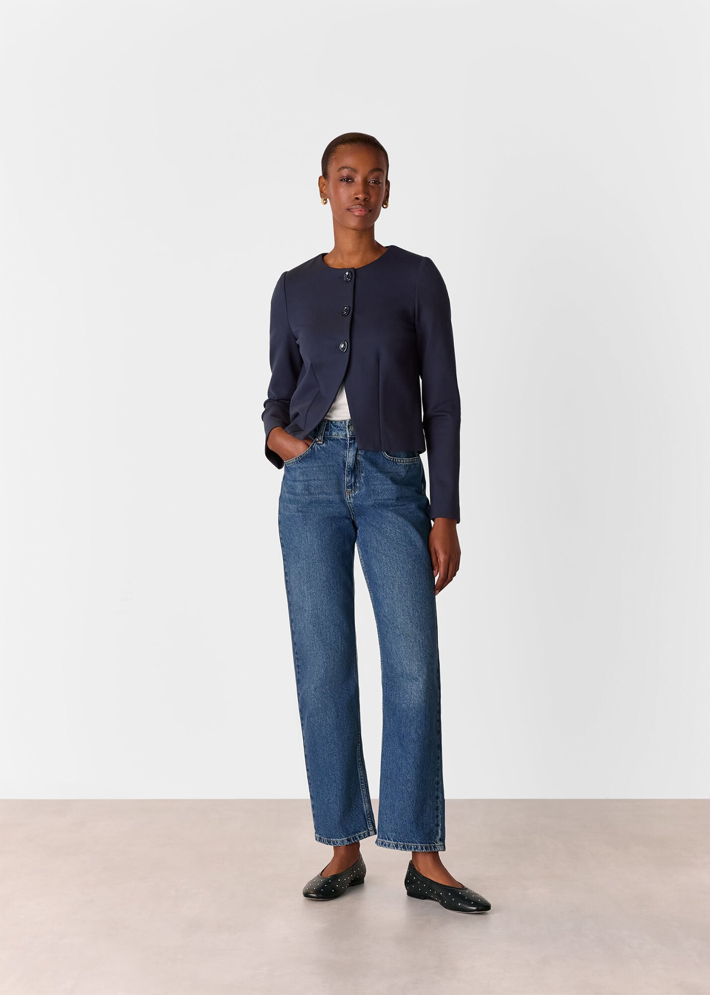Women's Navy Collarless Button-Up Jacket | Whistles US |