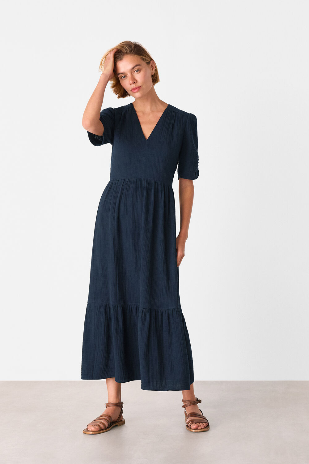 Navy Textured Cotton Midi Dress