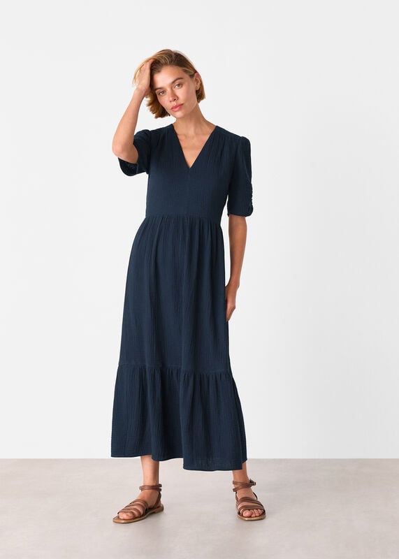 Navy Textured Cotton Midi Dress