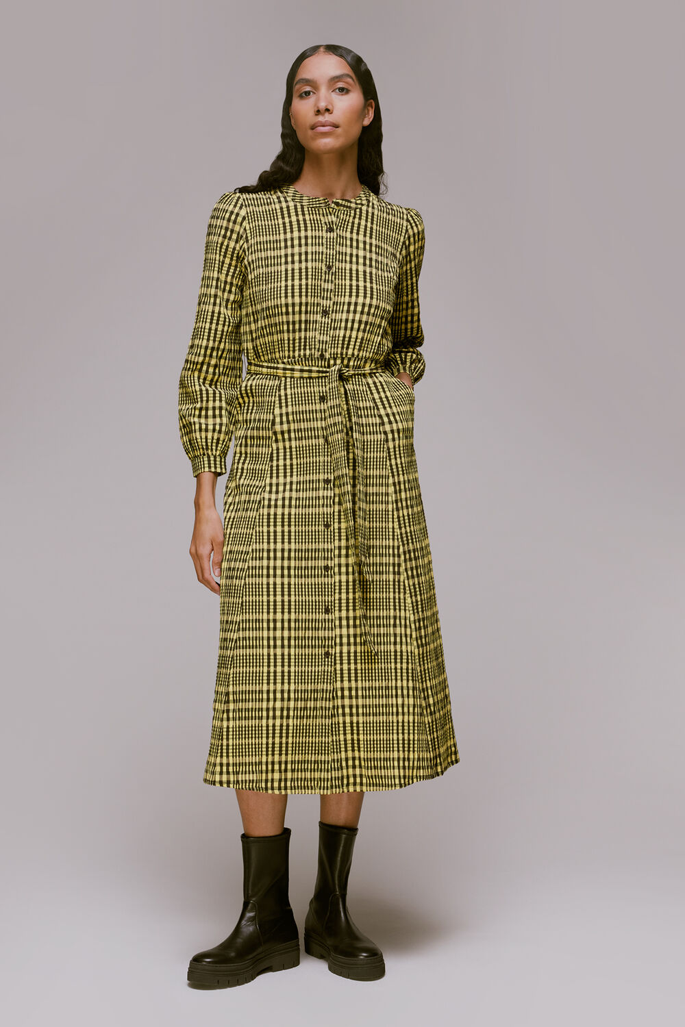 Yellow Nora Gingham Check Midi Dress