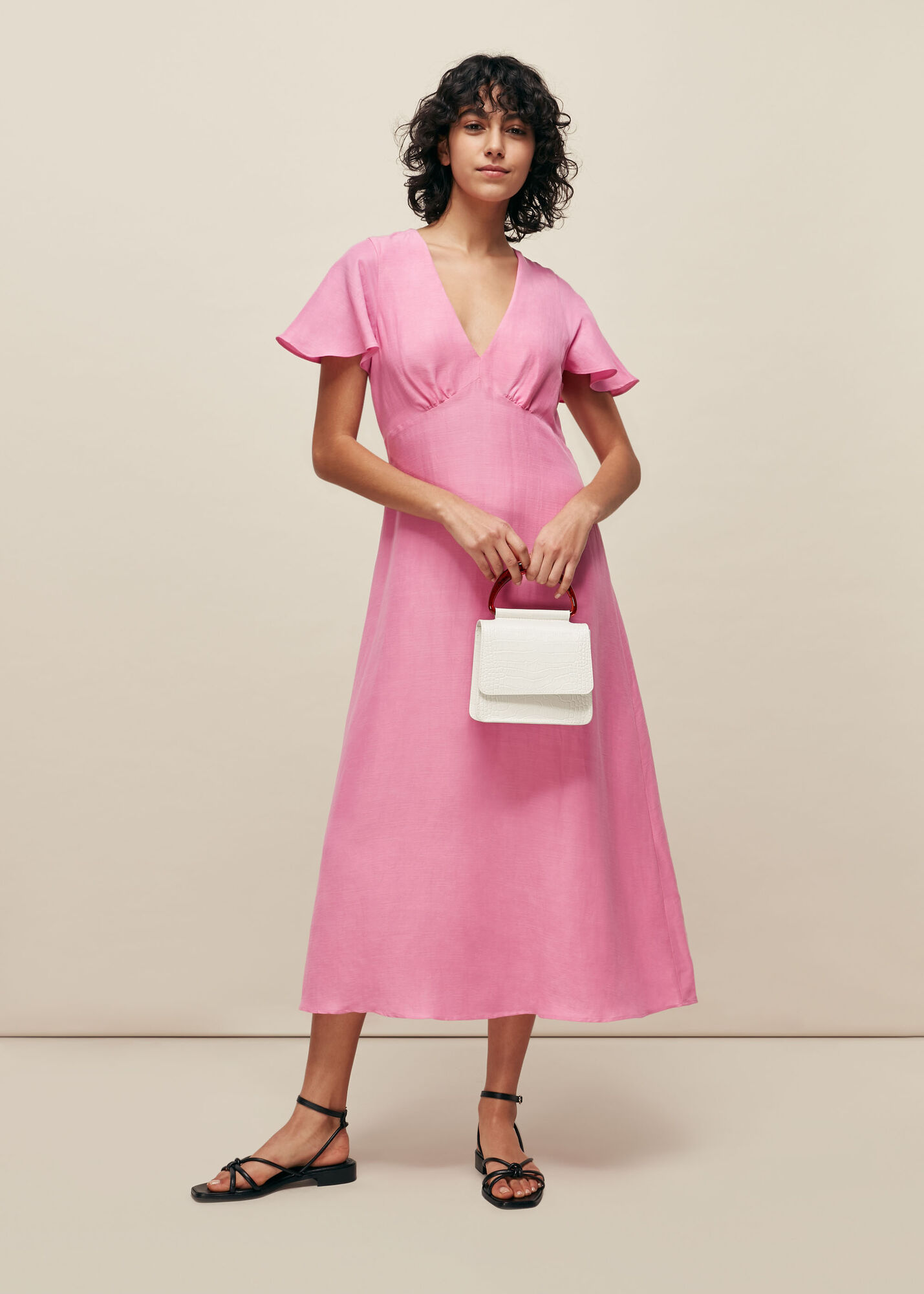Pink Frill Sleeve Midi Dress WHISTLES