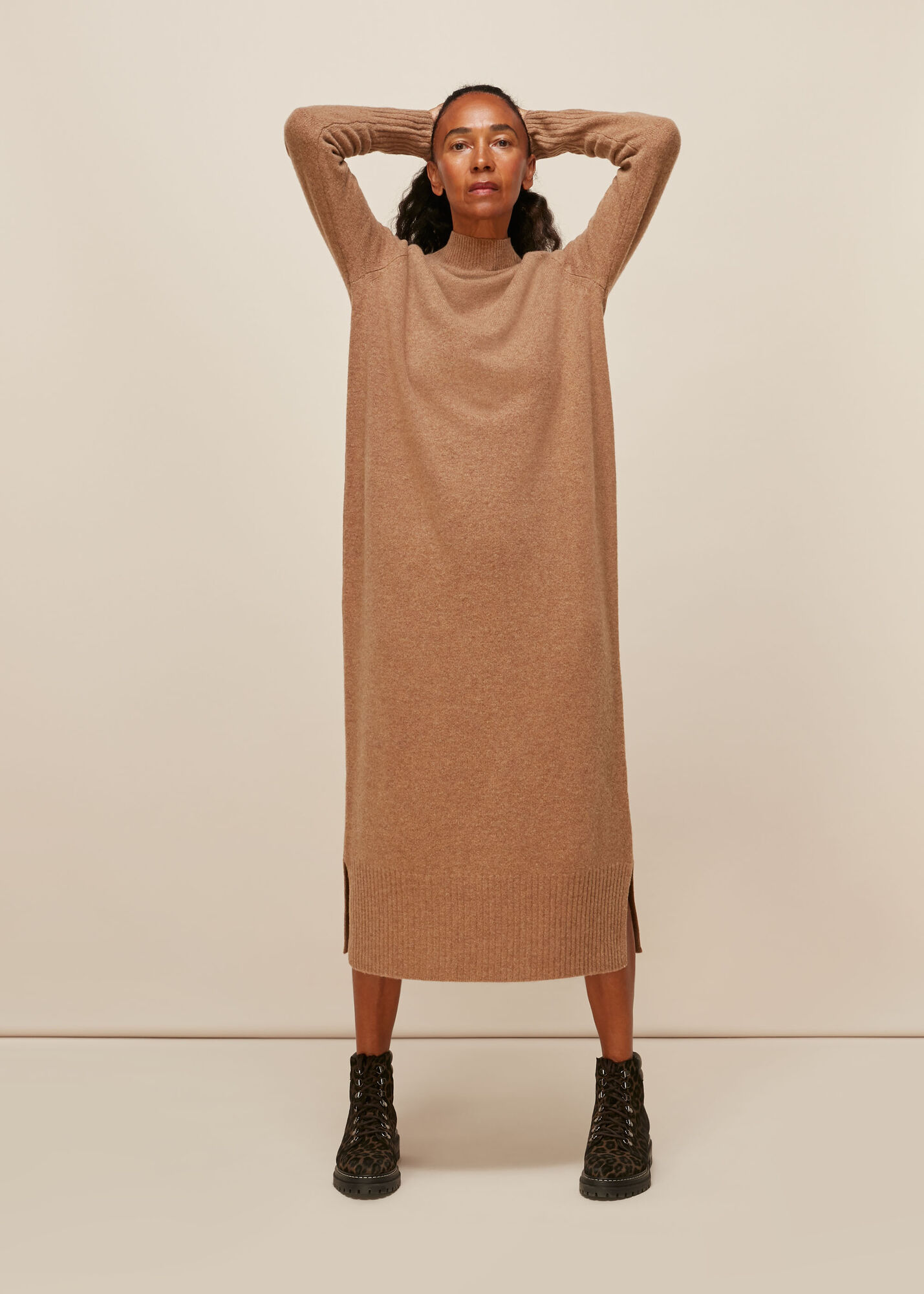 Camel Longline Wool Knit Dress WHISTLES
