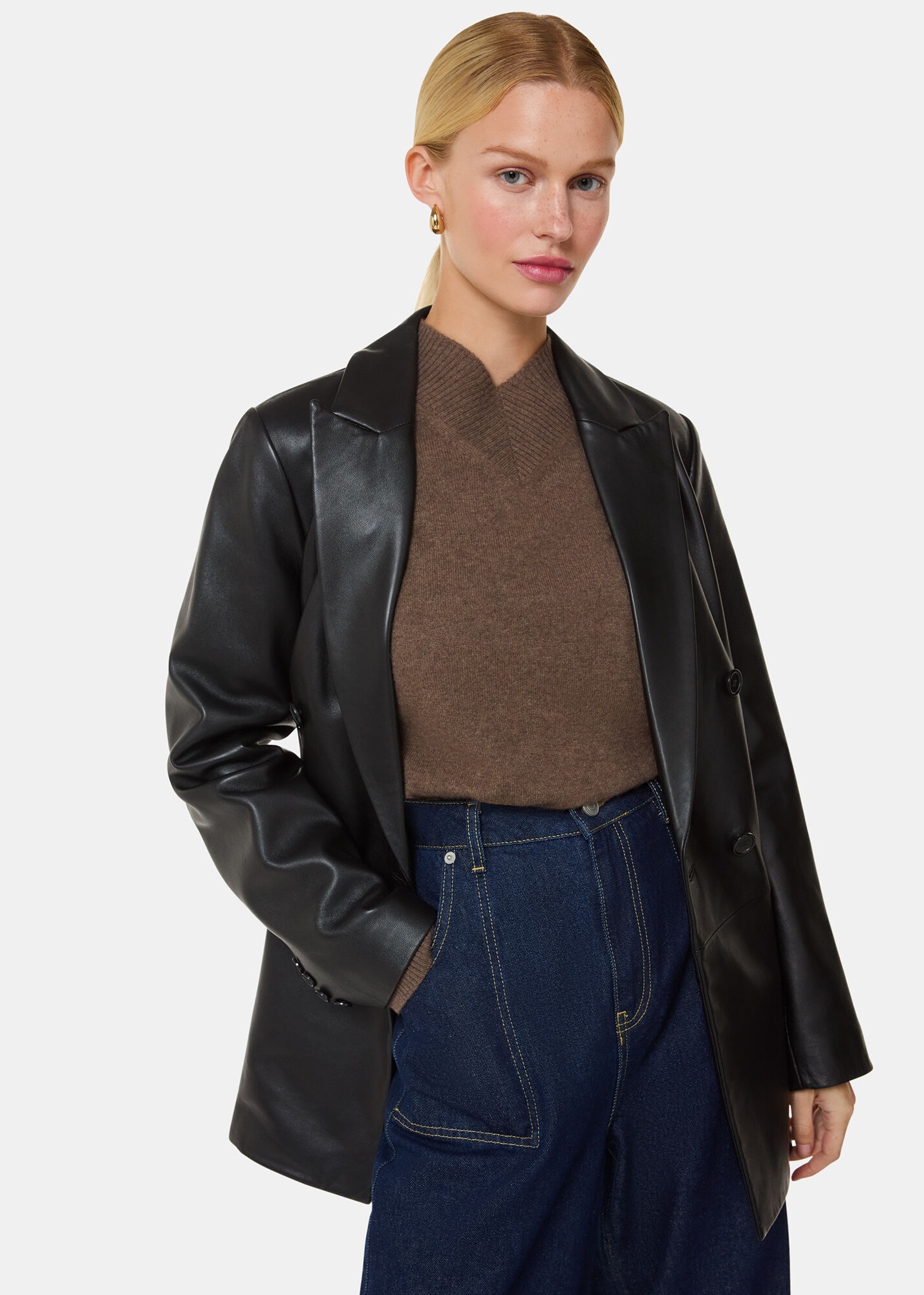 Black Aliza Waisted Leather Blazer WHISTLES