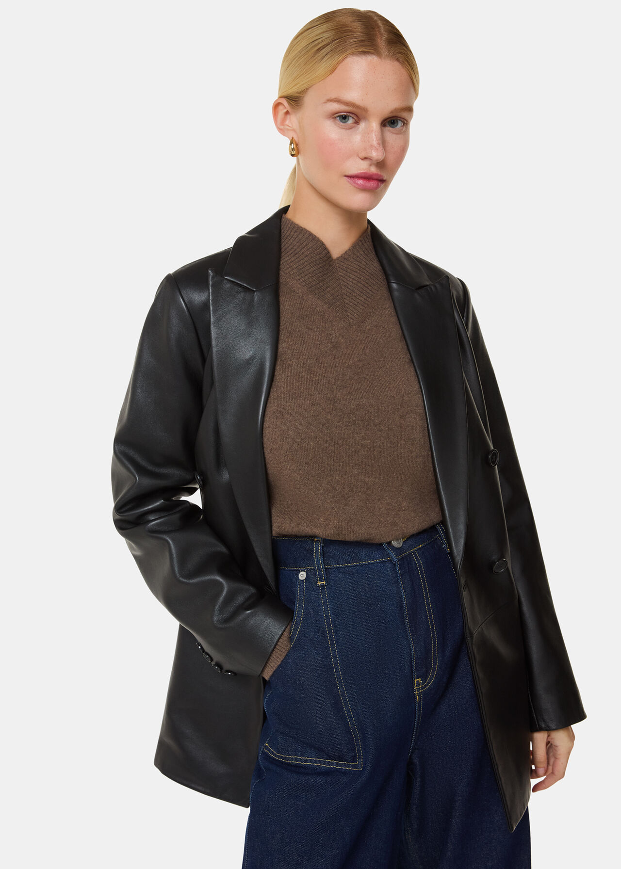 Black Aliza Waisted Leather Blazer | WHISTLES