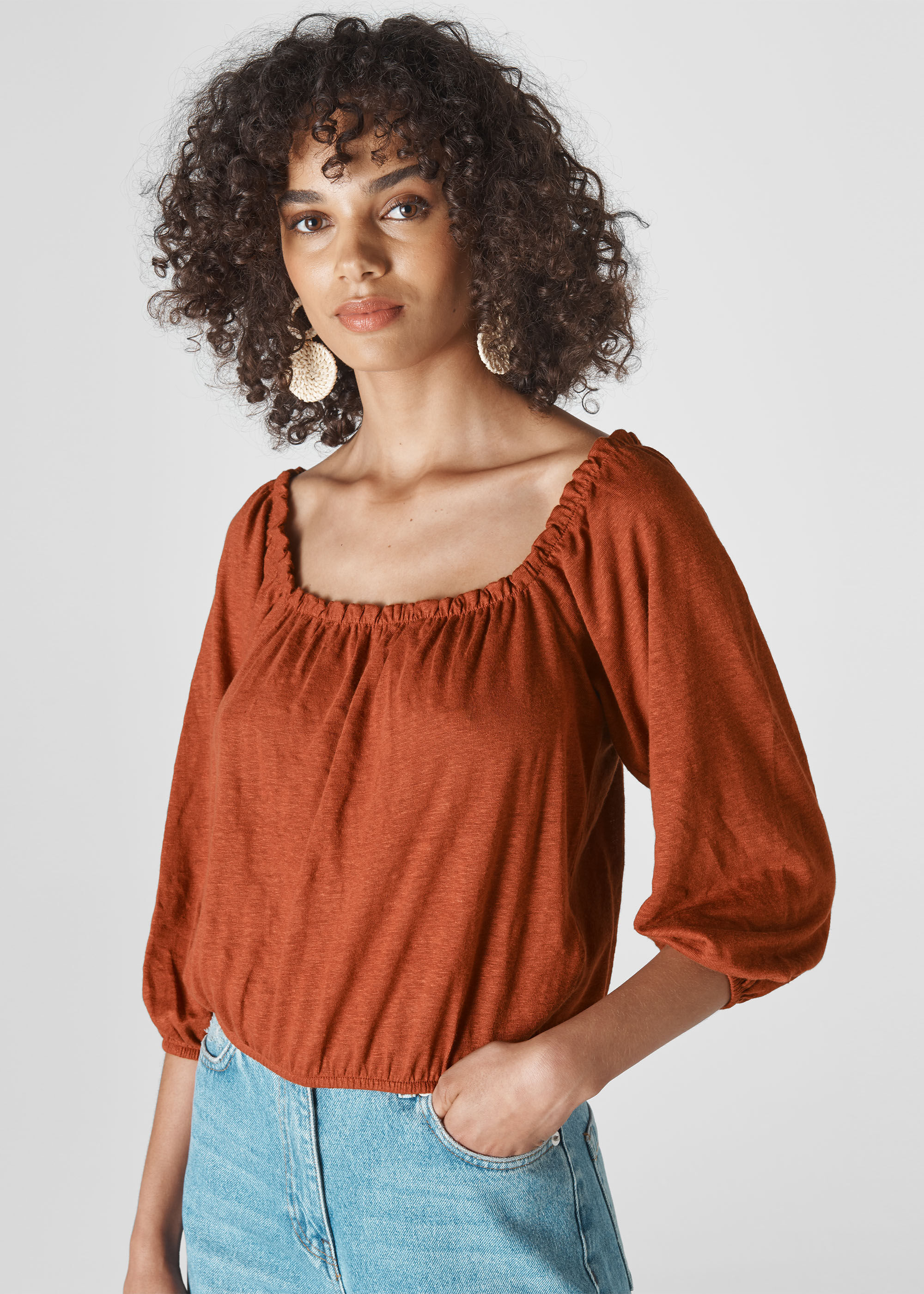 Rust Linen Square Neck Top | WHISTLES | Whistles UK |