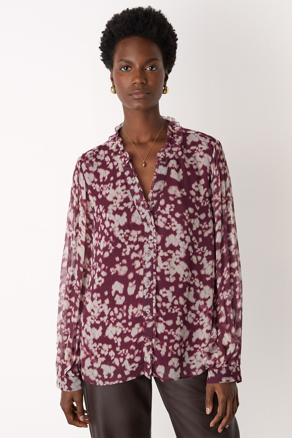 Burgundy Inky Floral Long Sleeve Blouse