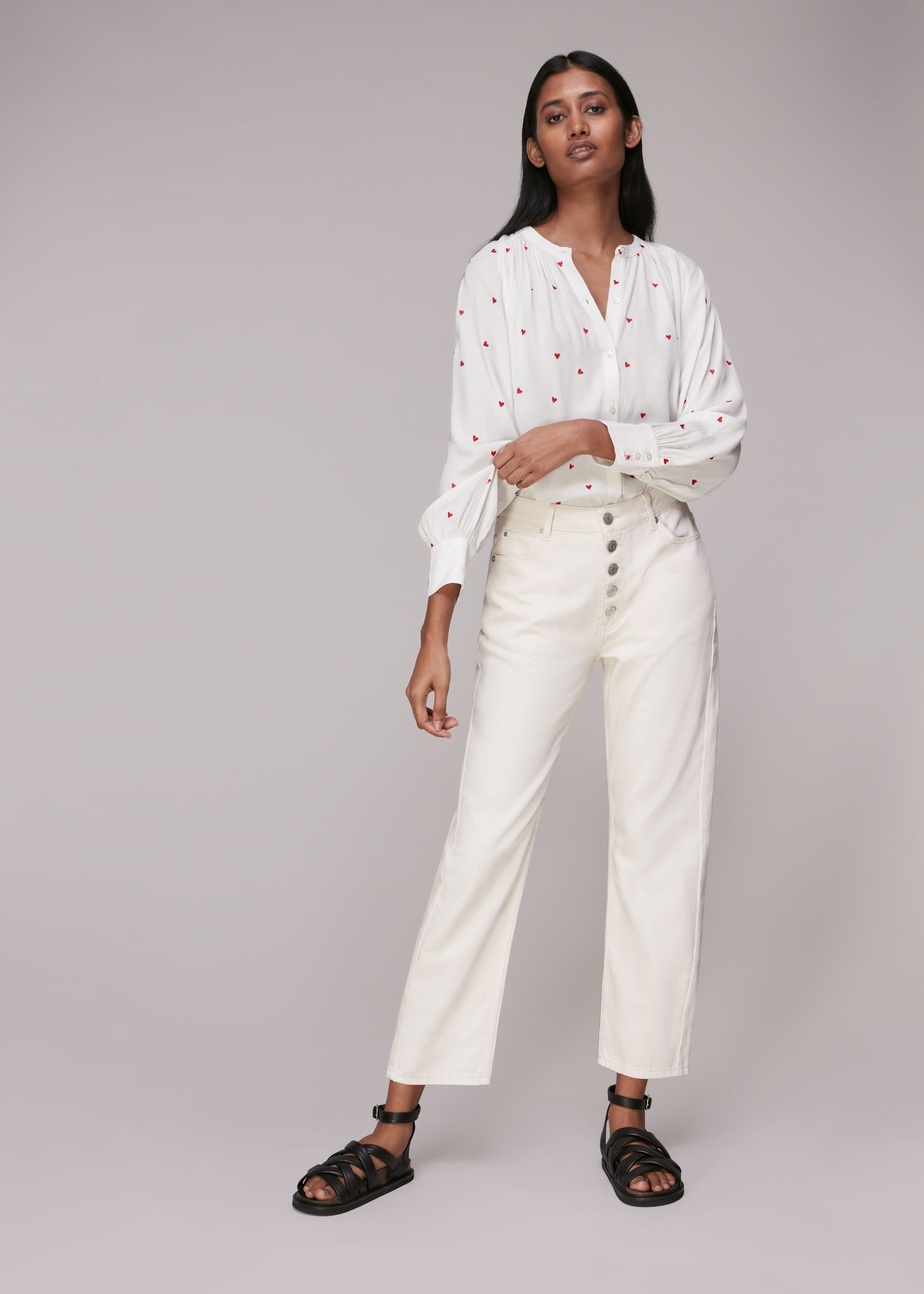 White/Multi Heart Embroidered Blouse | WHISTLES | Whistles US |