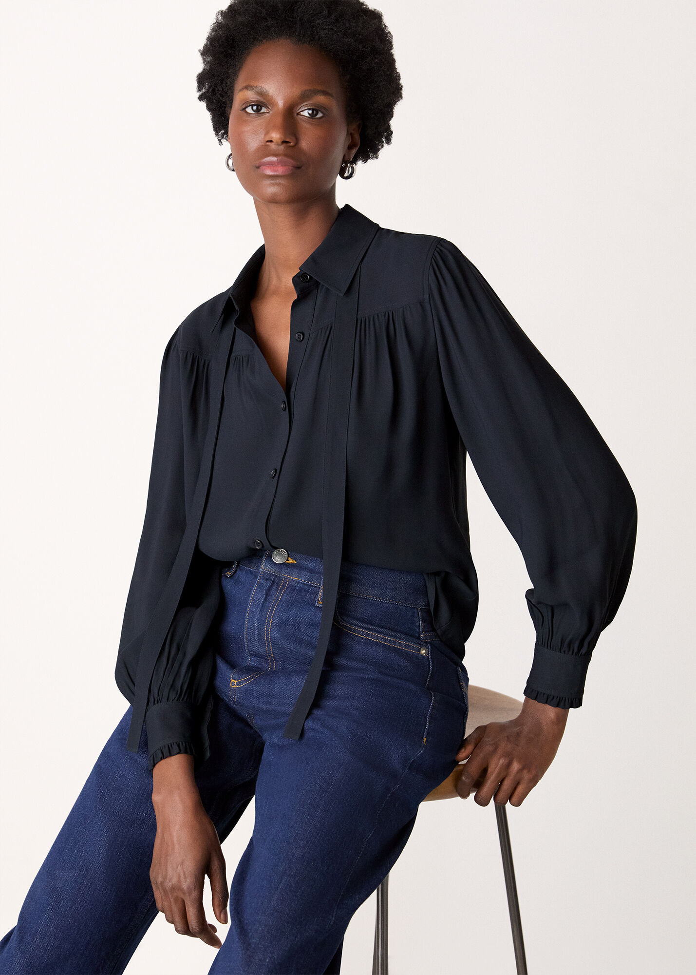Navy Tie Detail Crepe Blouse | WHISTLES | Whistles UK |
