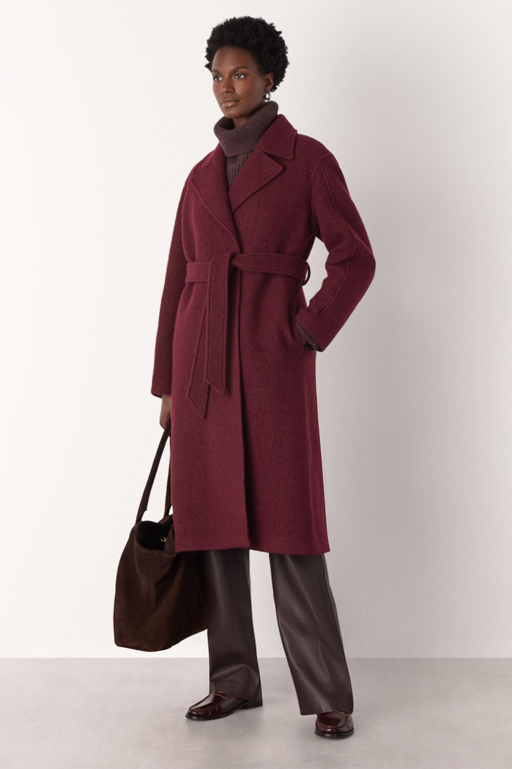 Burgundy Long Belted Wool Coat
