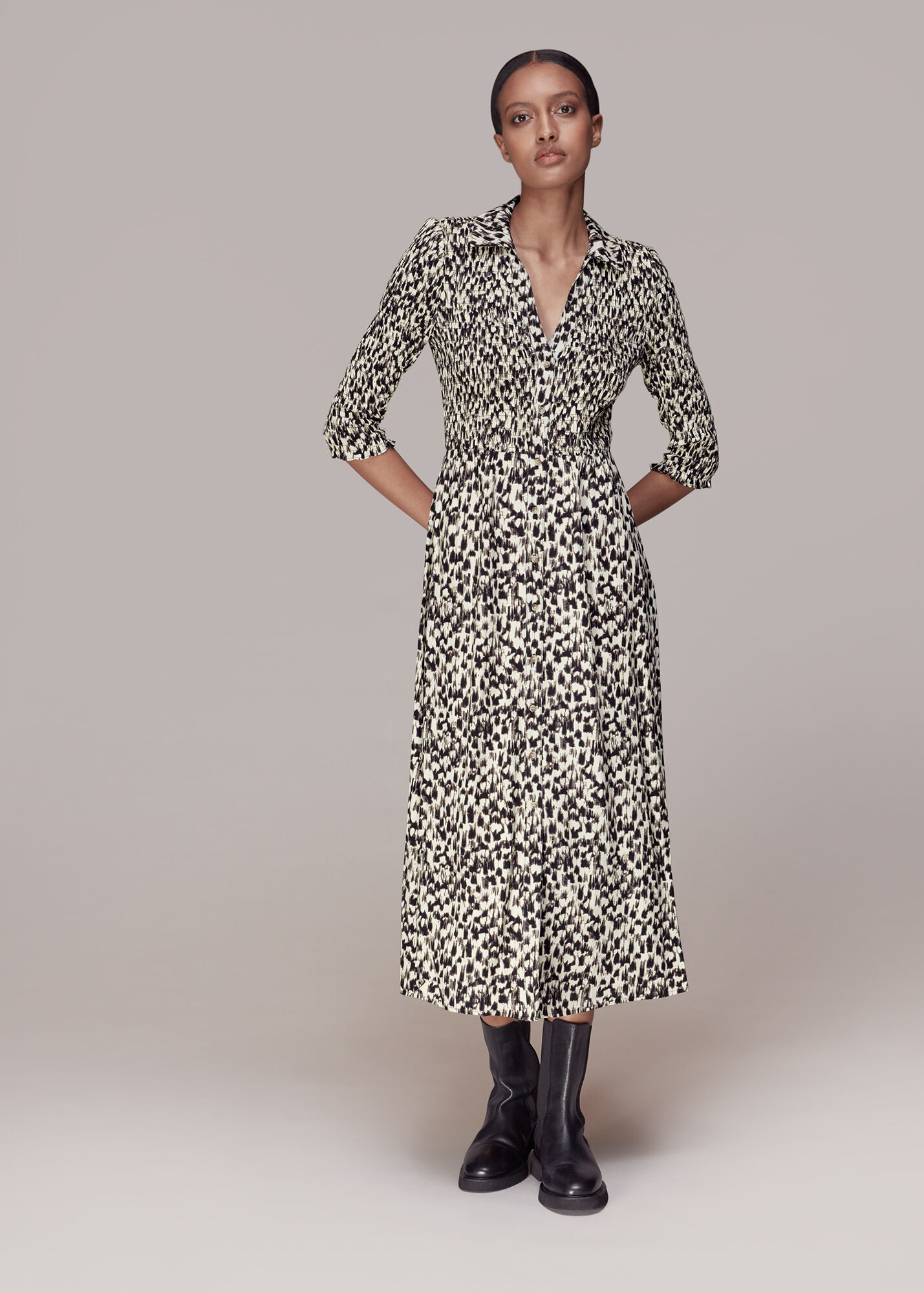 Black/Multi Speeding Squares Shirred Dress WHISTLES Whistles US