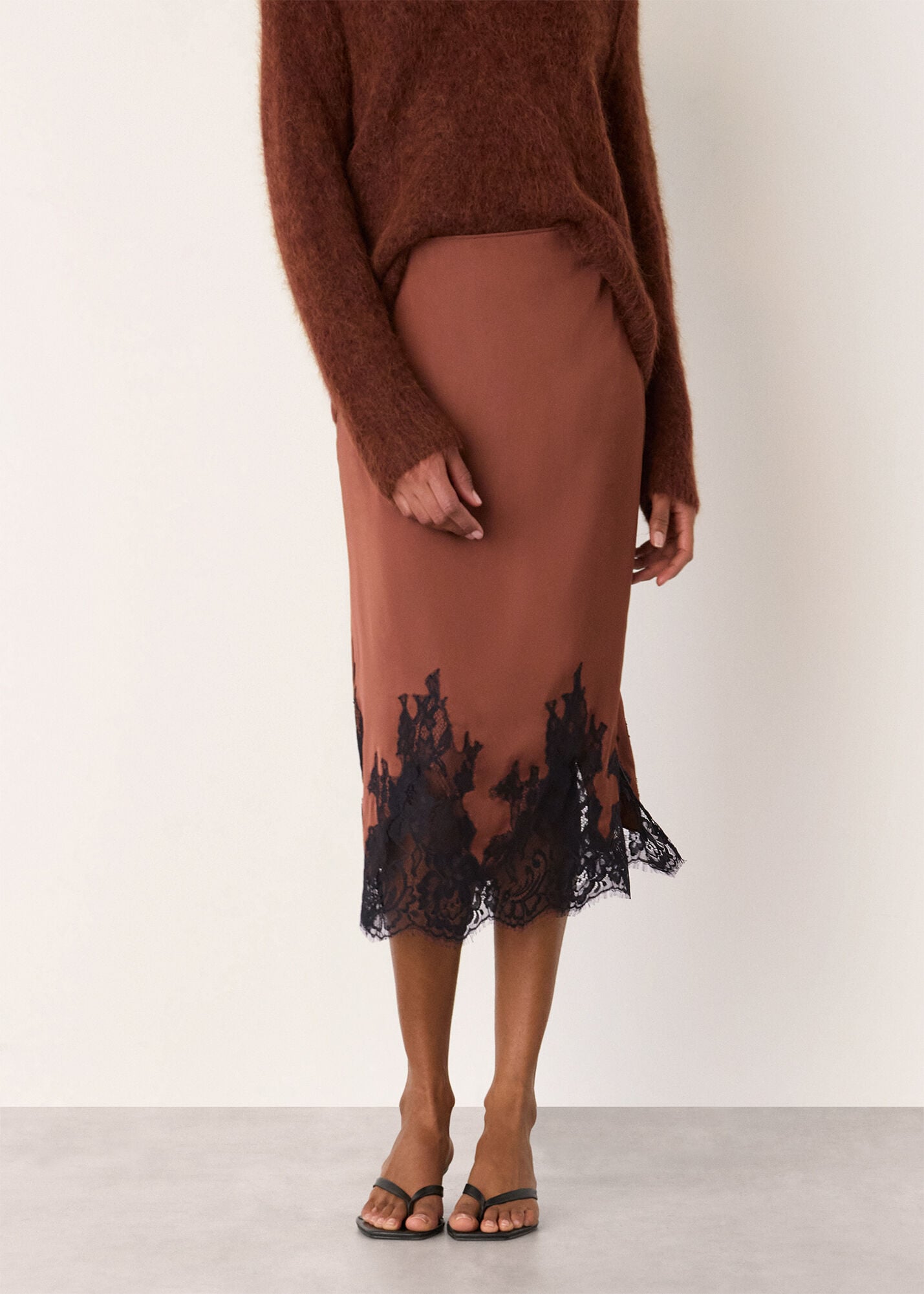 Brown/Multi Lace Hem Satin Midi Skirt | WHISTLES | Whistles UK |