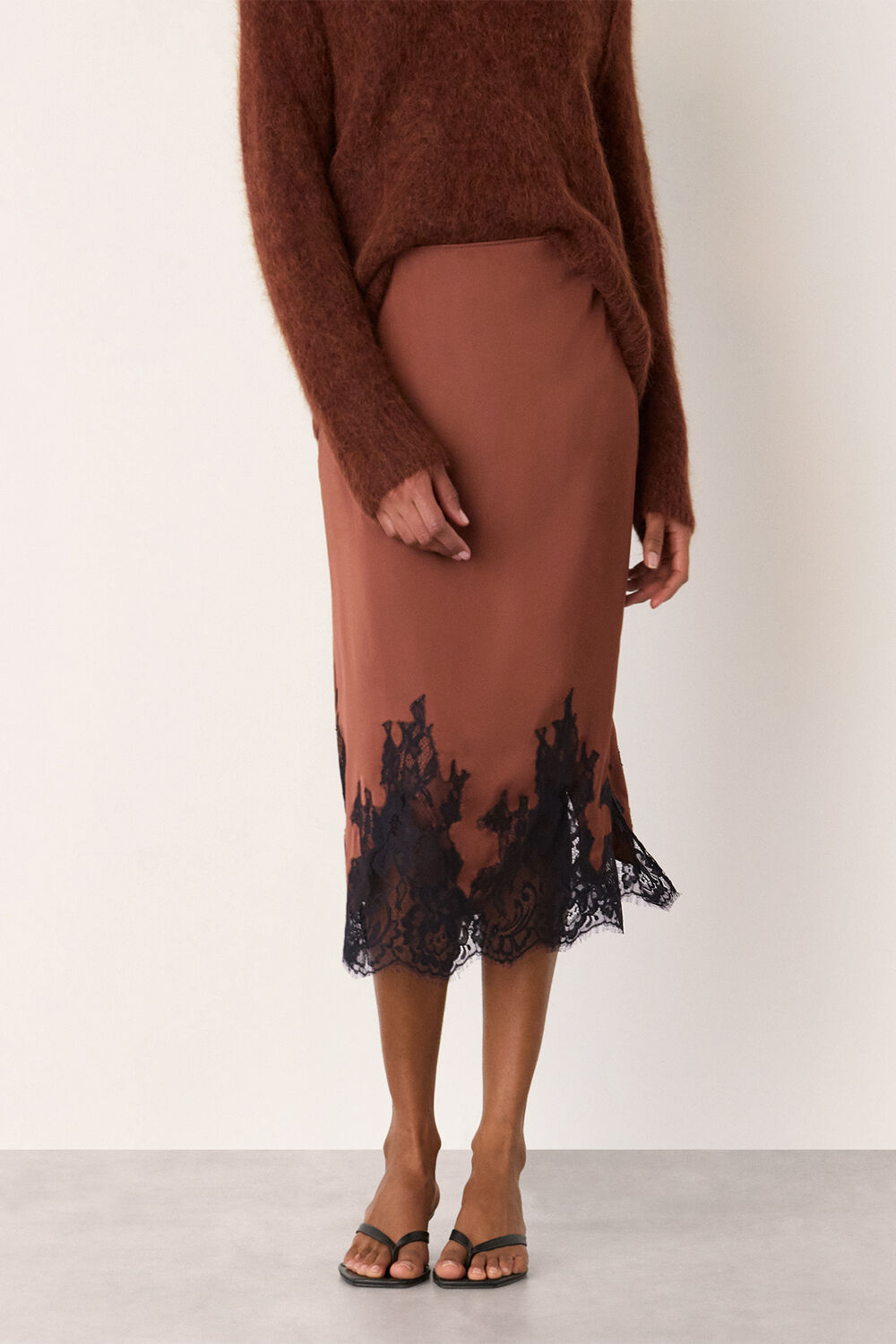 Brown Lace Hem Satin Midi Skirt