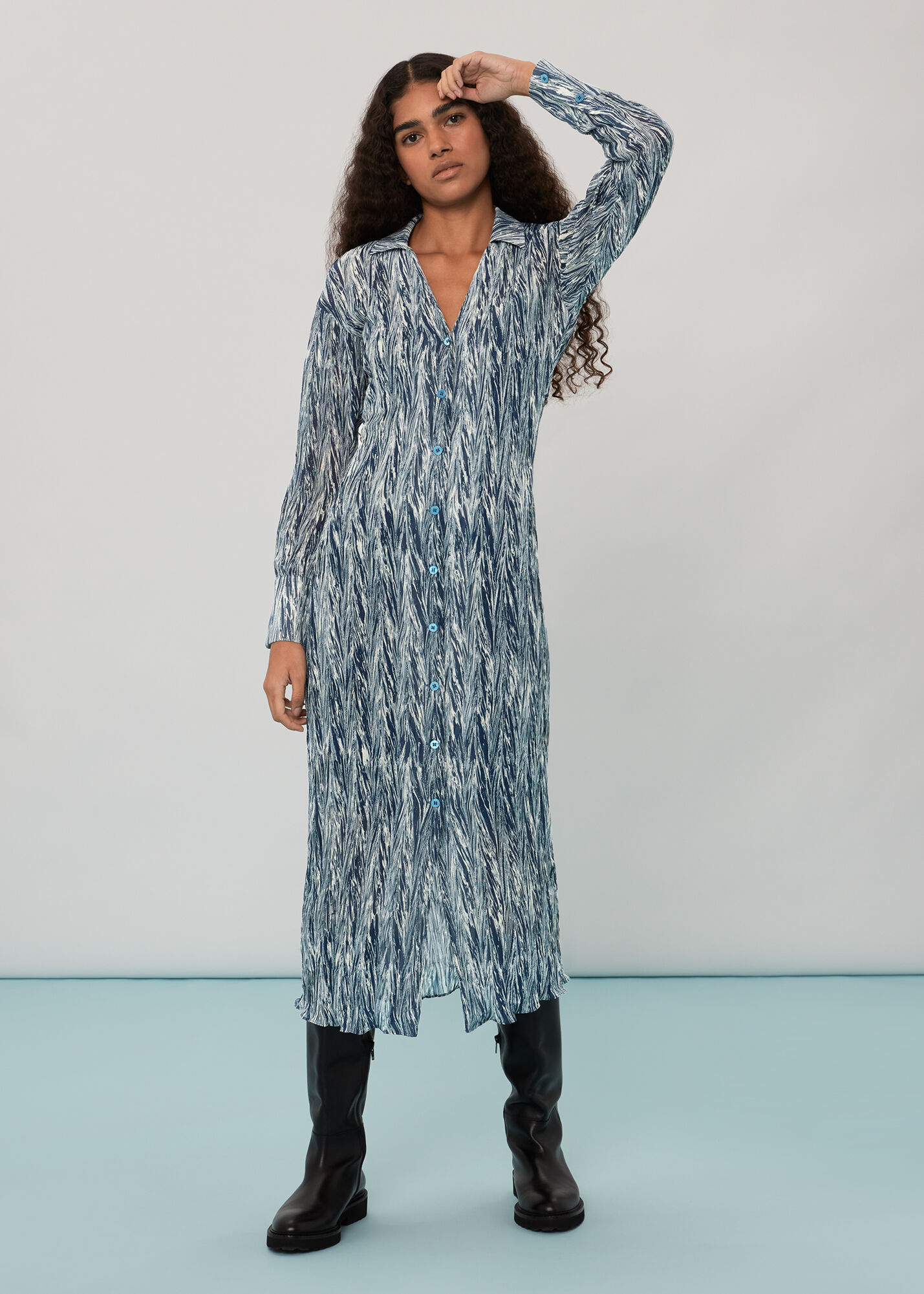 Navy/Multi Marble Stripe Plisse Dress 