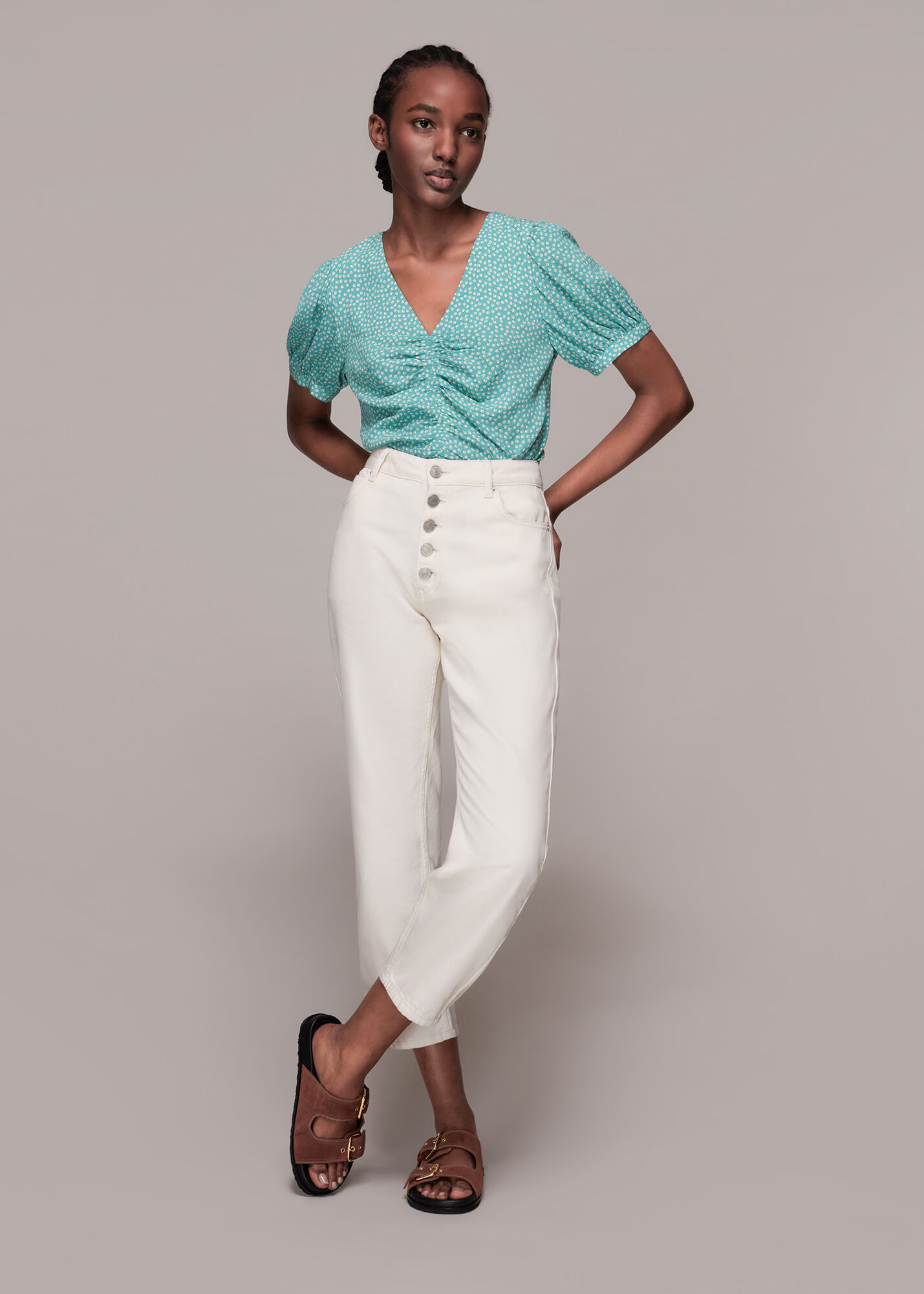 Blue Multi Ditsy Floral Gather Front Top WHISTLES
