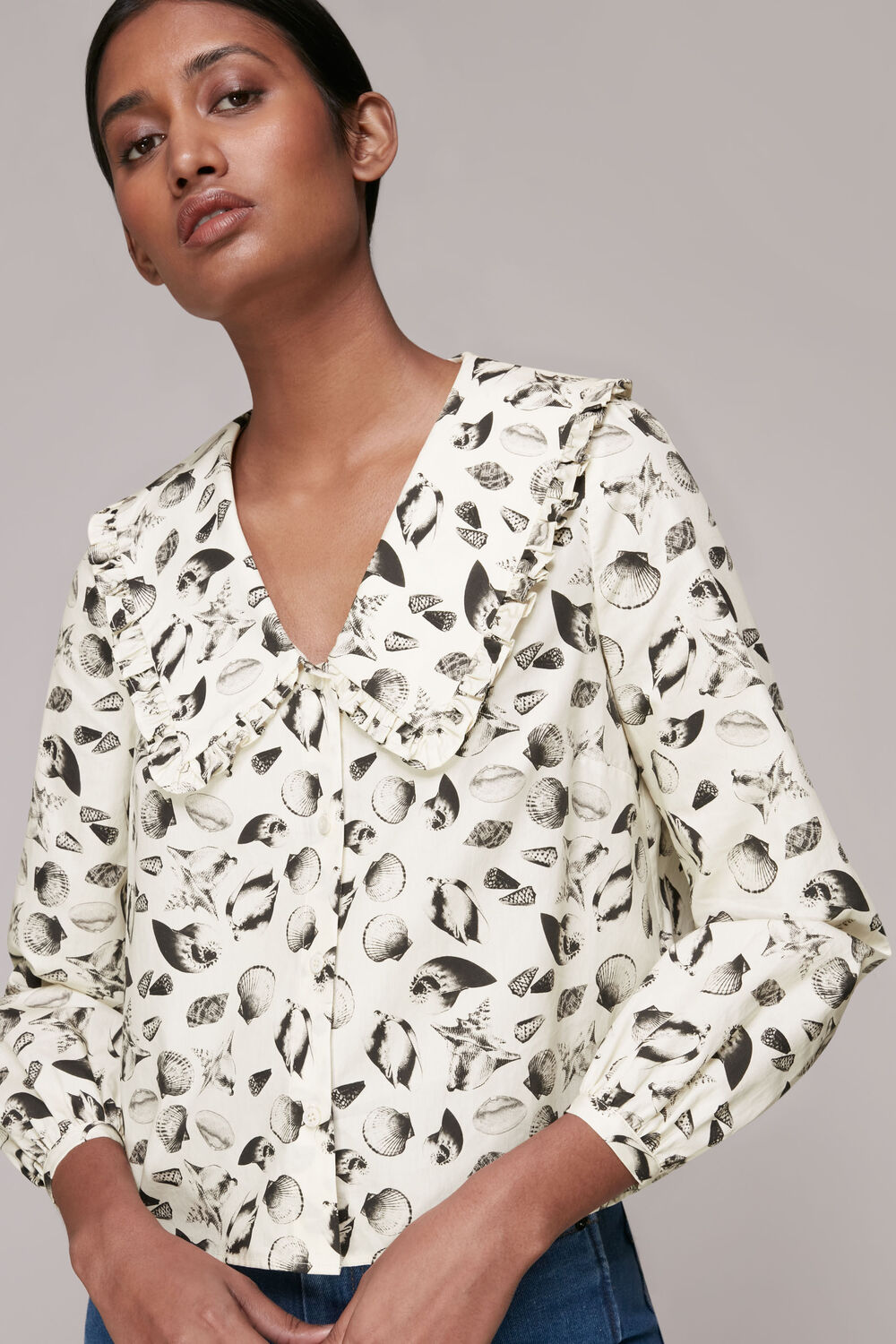 Multicolour Sea Shell Print Collar Top