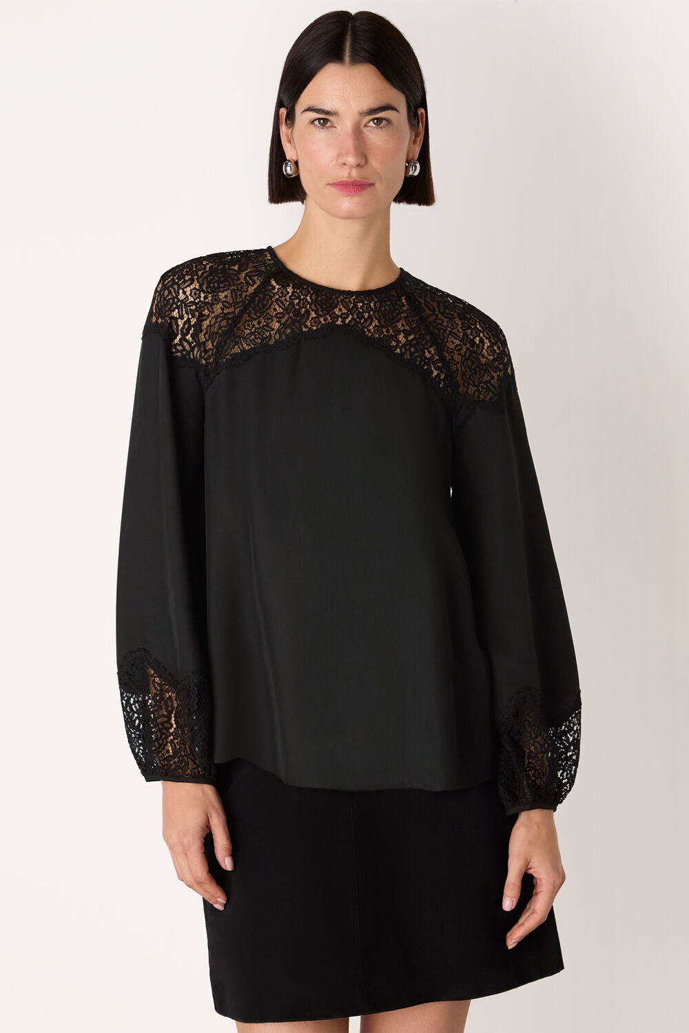 Black Lace Detail Satin Blouse