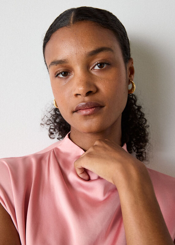 Pale Pink Cowl Neck Satin Sleeveless Top